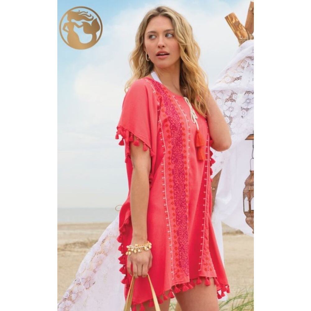 # Spartina 449 Coral Embroidered Tassel Swim Coverup